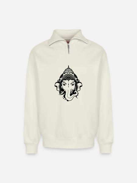 Ganesh, dieu à tête d'éléphant - Sweat unisexe décontracté en coton biologique à demi-zip – de SPREAD - blanc cassé