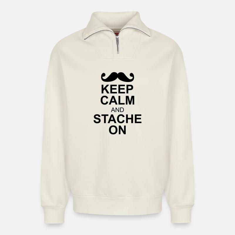keep calm moustache - Relaxed Unisex Organic Half Zip Sweatshirt – by SPREAD - off white