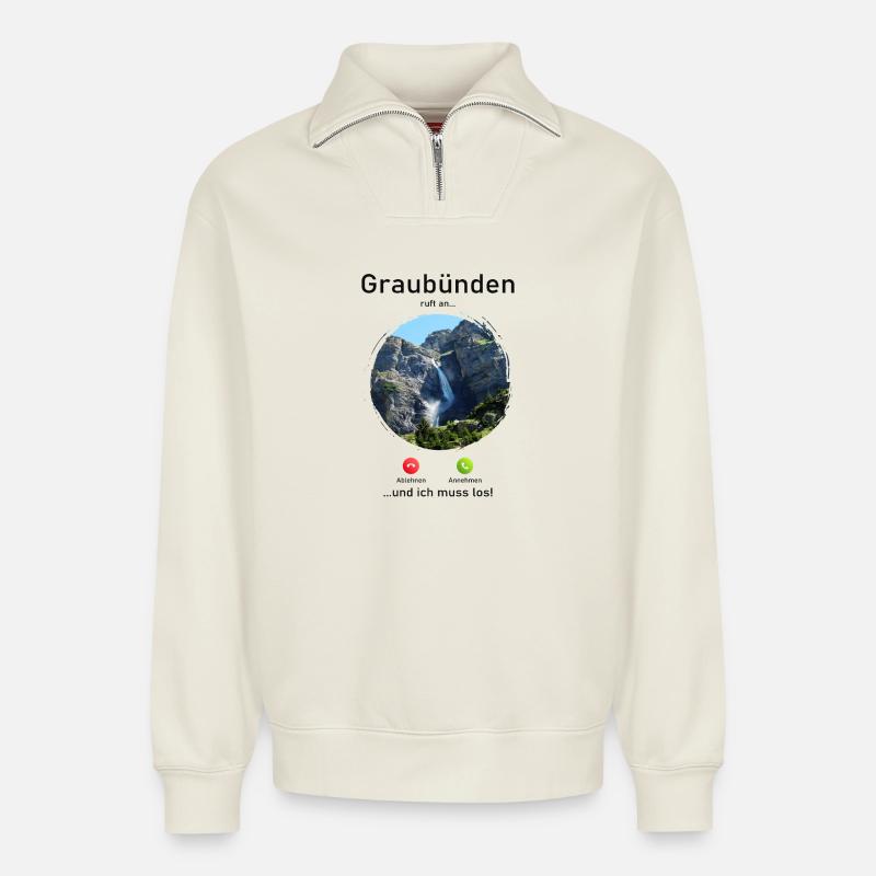Graubünden Naturruf Design - Relaxed Unisex Organic Half Zip Sweatshirt – von SPREAD - Naturweiß