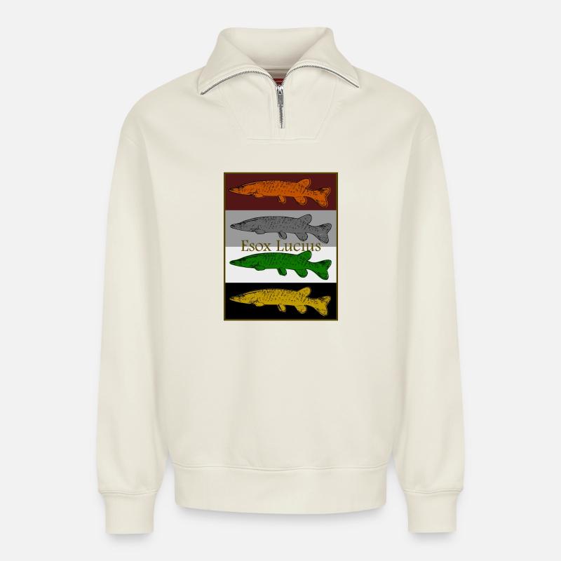Buntes Hecht Design - Relaxed Unisex Organic Half Zip Sweatshirt – von SPREAD - Naturweiß