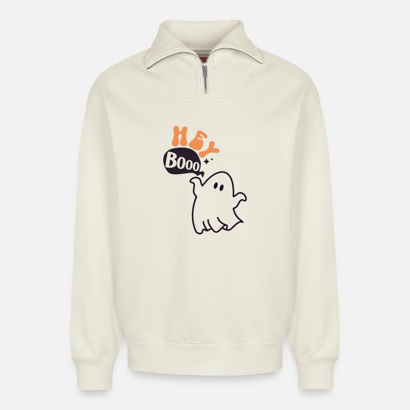 Hey booo - Relaxed Unisex Organic Half Zip Sweatshirt – von SPREAD - Naturweiß