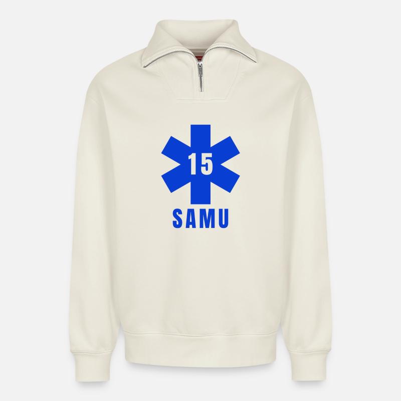 SAMU, urgences, ambulance - Sweat unisexe décontracté en coton biologique à demi-zip – de SPREAD - blanc cassé
