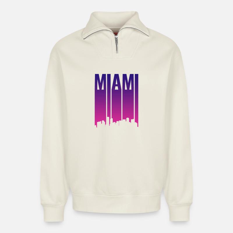 Miami Skyline Gradient Blau Pink - Relaxed Unisex Organic Half Zip Sweatshirt – von SPREAD - Naturweiß