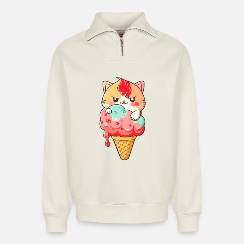 Süßer Katzen-Eiscreme-Print - Relaxed Unisex Organic Half Zip Sweatshirt – von SPREAD - Naturweiß
