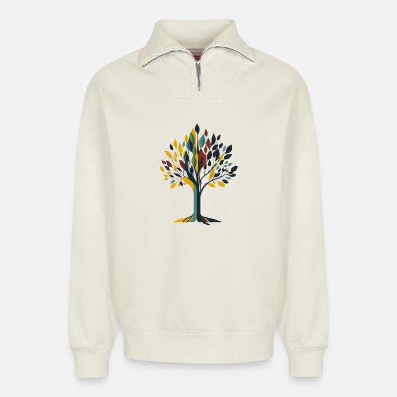 Baum - Relaxed Unisex Organic Half Zip Sweatshirt – von SPREAD - Naturweiß