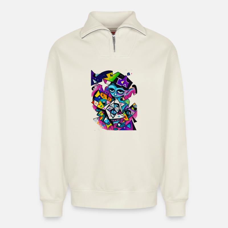 Graffiti - Sweat unisexe décontracté en coton biologique à demi-zip – de SPREAD - blanc cassé