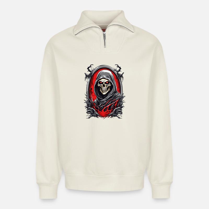 Sensenmann Schädel - Relaxed Unisex Organic Half Zip Sweatshirt – von SPREAD - Naturweiß