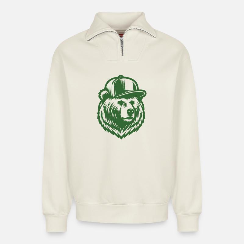 Cool Grizzly (Grün) - Relaxed Unisex Organic Half Zip Sweatshirt – von SPREAD - Naturweiß