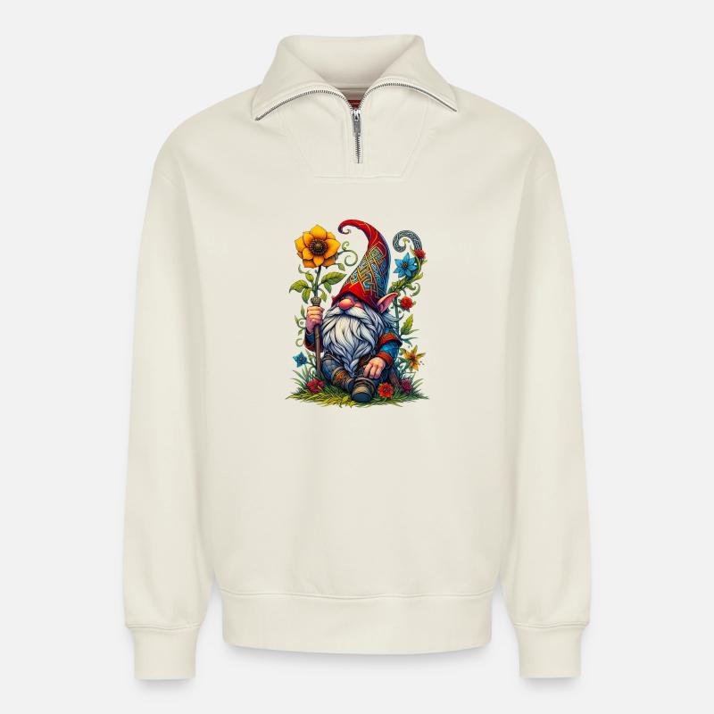 Elfe gobelin gnome - Sweat unisexe décontracté en coton biologique à demi-zip – de SPREAD - blanc cassé