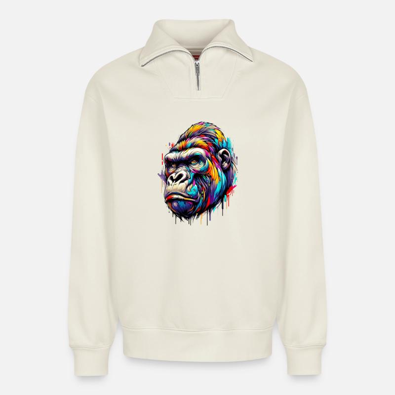 Gorille - Sweat unisexe décontracté en coton biologique à demi-zip – de SPREAD - blanc cassé