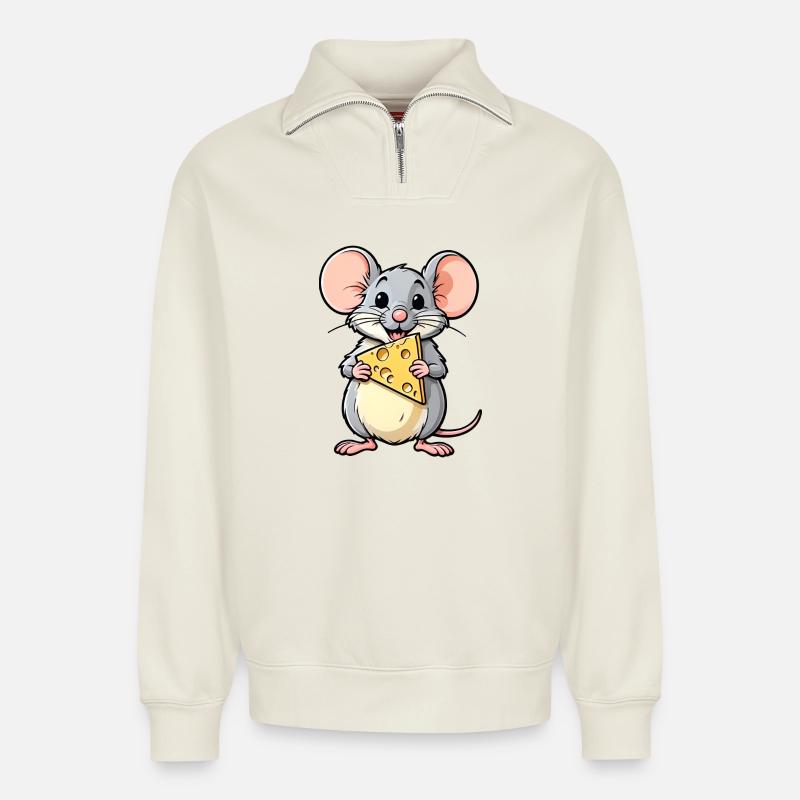 Freche Cartoon-Maus mit Käse - Relaxed Unisex Organic Half Zip Sweatshirt – von SPREAD - Naturweiß