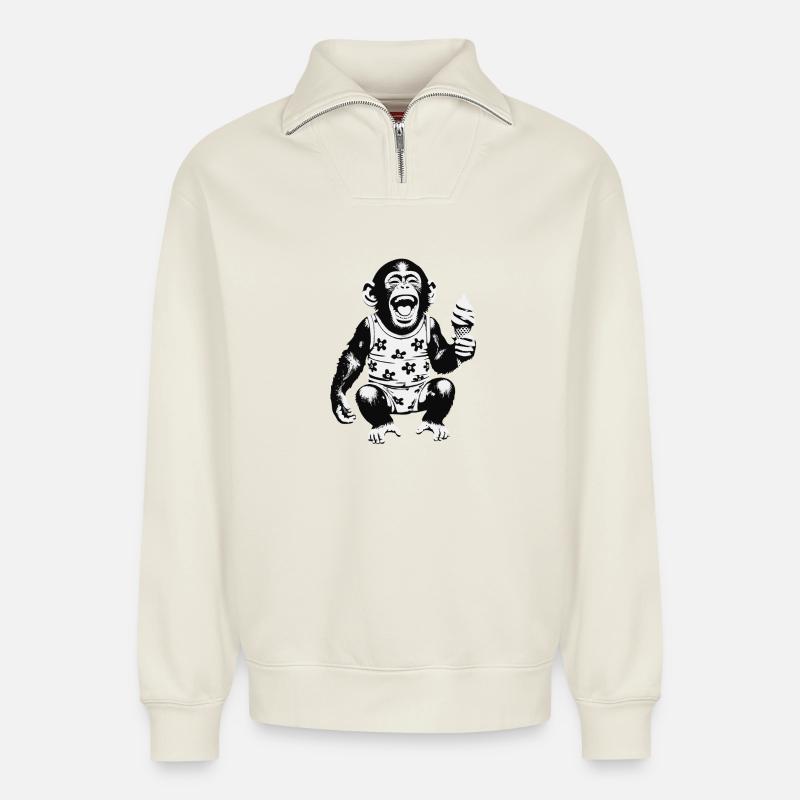 Lachendes Äffchen mit Eis - Relaxed Unisex Organic Half Zip Sweatshirt – von SPREAD - Naturweiß