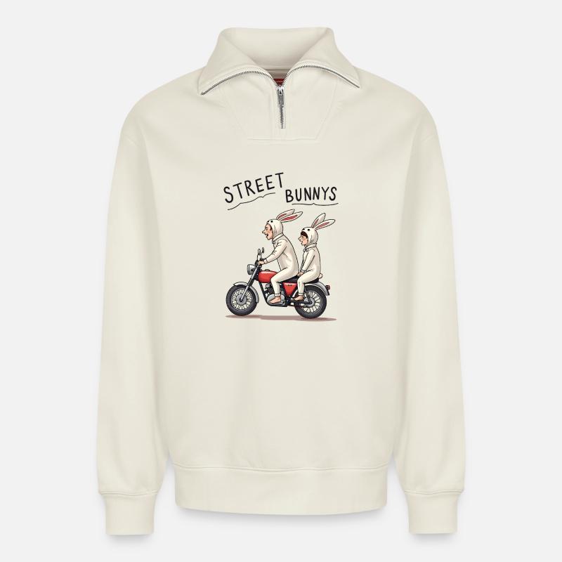 Biker Hasen - Relaxed Unisex Organic Half Zip Sweatshirt – von SPREAD - Naturweiß