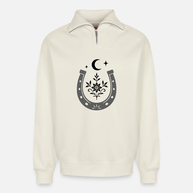 Hufeisen mit Blume & Mond - Glücksdesign - Relaxed Unisex Organic Half Zip Sweatshirt – von SPREAD - Naturweiß