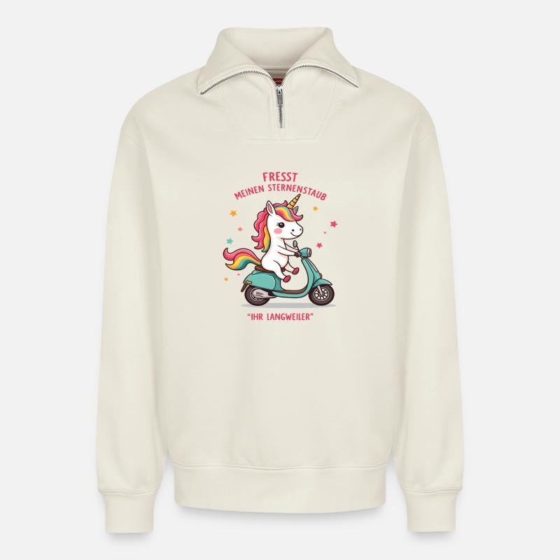 Roller-Einhorn - Relaxed Unisex Organic Half Zip Sweatshirt – von SPREAD - Naturweiß