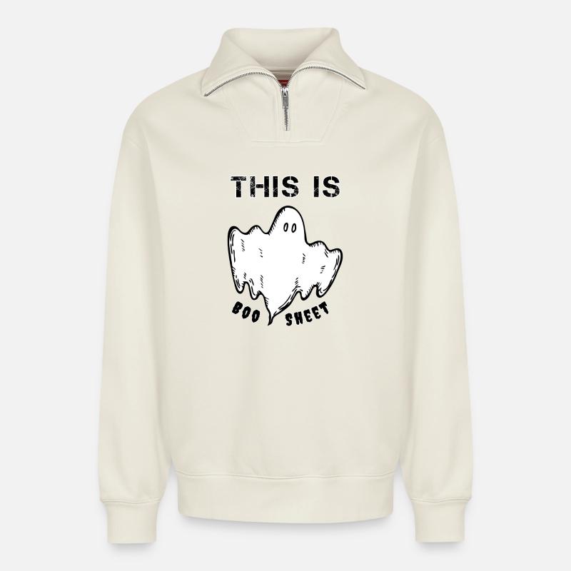 This is a boosheet - Relaxed Unisex Organic Half Zip Sweatshirt – by SPREAD - off white
