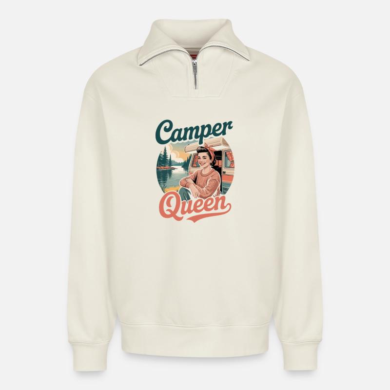 Camper Queen Retro Camping - Relaxed Unisex Organic Half Zip Sweatshirt – von SPREAD - Naturweiß