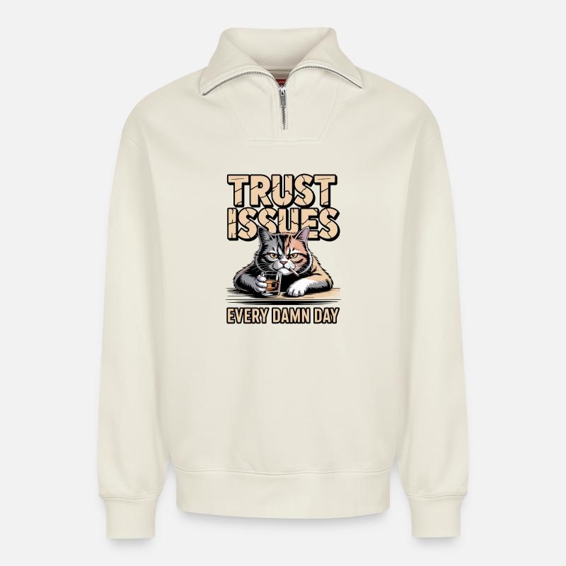 Trust Issues Cat - Relaxed Unisex Organic Half Zip Sweatshirt – by SPREAD - off white