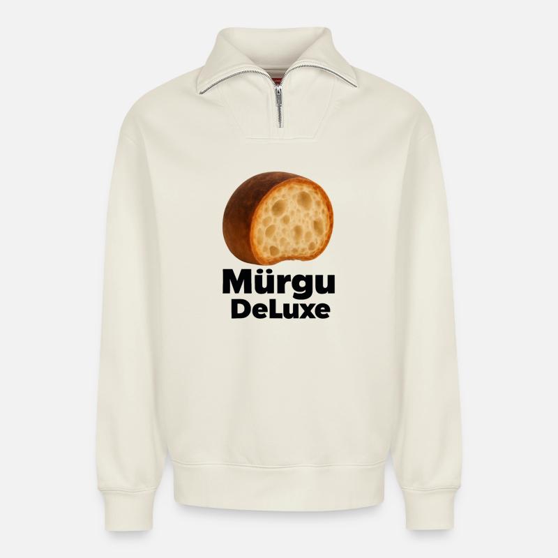 Mürgu Deluxe – Dialecte bernois Desing - - Sweat unisexe décontracté en coton biologique à demi-zip – de SPREAD - blanc cassé