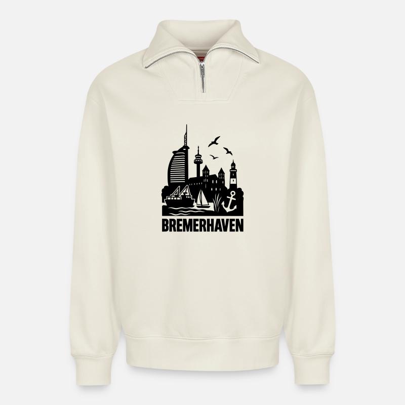 Bremerhaven Silhouette Skyline - Relaxed Unisex Organic Half Zip Sweatshirt – von SPREAD - Naturweiß