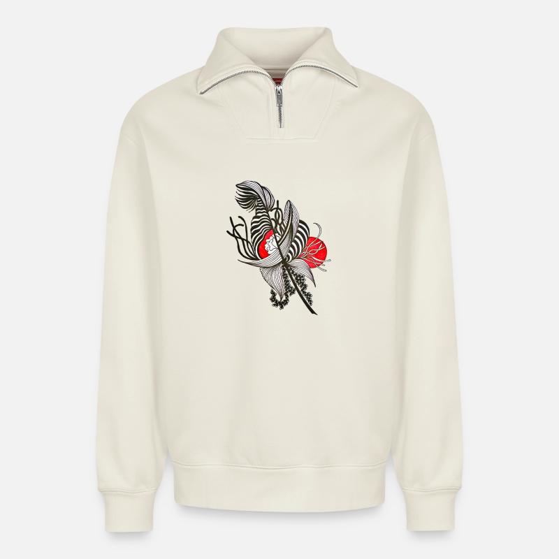 Fleur rayée contrastée - Sweat unisexe décontracté en coton biologique à demi-zip – de SPREAD - blanc cassé