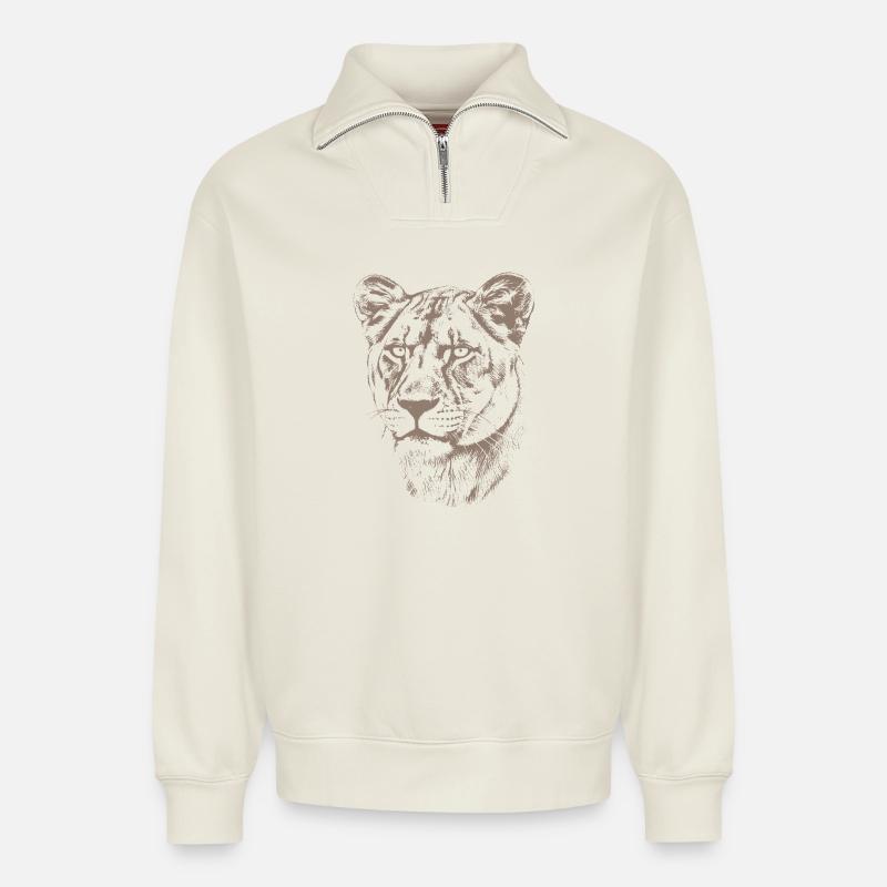 Löwin Illustration - Relaxed Unisex Organic Half Zip Sweatshirt – von SPREAD - Naturweiß