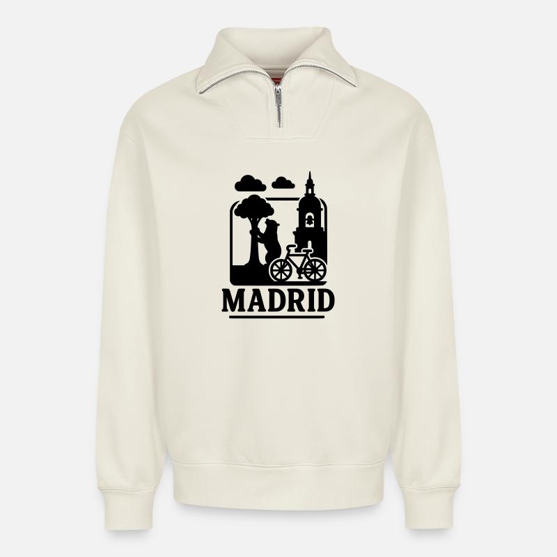 Monuments de Madrid - Sweat unisexe décontracté en coton biologique à demi-zip – de SPREAD - blanc cassé