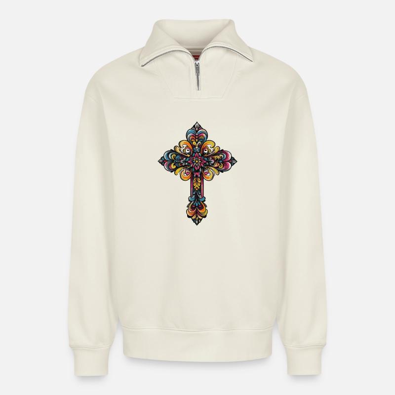 Symbole de la croix - Sweat unisexe décontracté en coton biologique à demi-zip – de SPREAD - blanc cassé