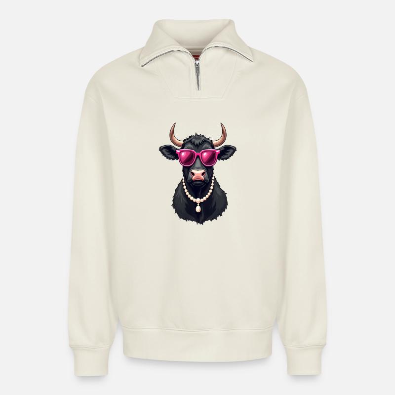 Vache - Sweat unisexe décontracté en coton biologique à demi-zip – de SPREAD - blanc cassé