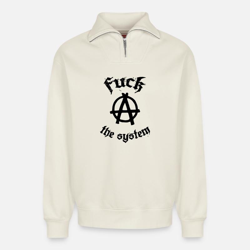 Fuck the System - Sweat unisexe décontracté en coton biologique à demi-zip – de SPREAD - blanc cassé