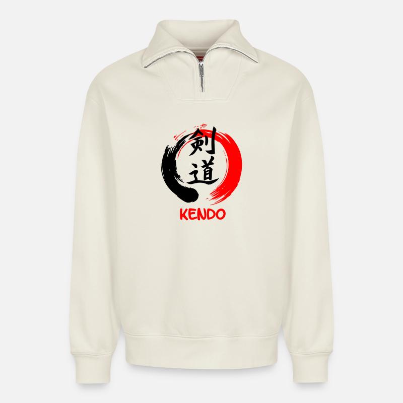 Kendo in enso zen circle - Relaxed Unisex Organic Half Zip Sweatshirt – by SPREAD - off white