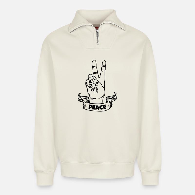 Handgeste Frieden und Textbanner - Relaxed Unisex Organic Half Zip Sweatshirt – von SPREAD - Naturweiß