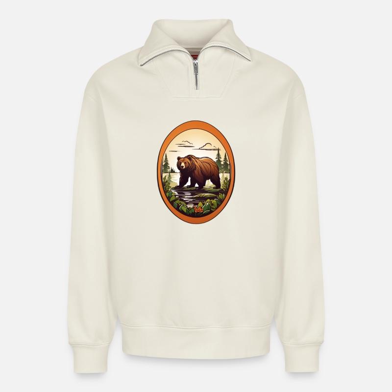 Waldbewohner Braunbär - Relaxed Unisex Organic Half Zip Sweatshirt – von SPREAD - Naturweiß