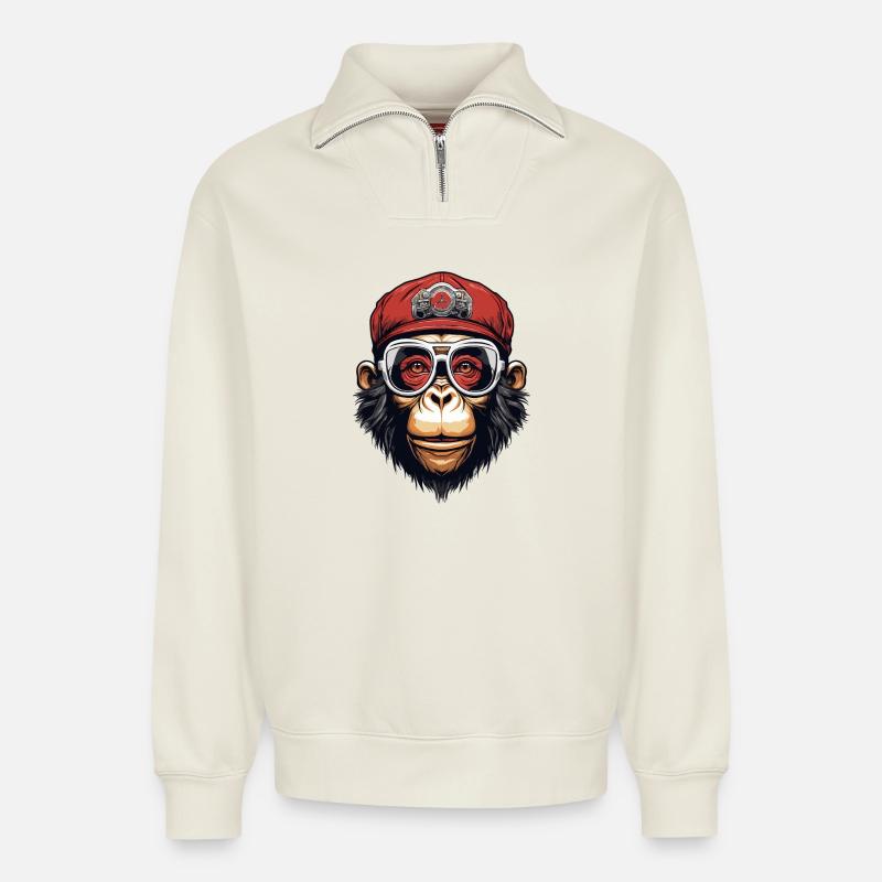Singe cool - Sweat unisexe décontracté en coton biologique à demi-zip – de SPREAD - blanc cassé