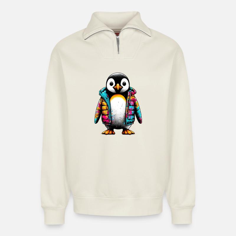 Pinguin mit Jacke Jacke - Relaxed Unisex Organic Half Zip Sweatshirt – von SPREAD - Naturweiß