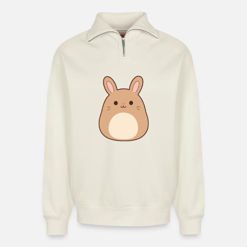 Mignon lapin dessin animé imprimé - Sweat unisexe décontracté en coton biologique à demi-zip – de SPREAD - blanc cassé