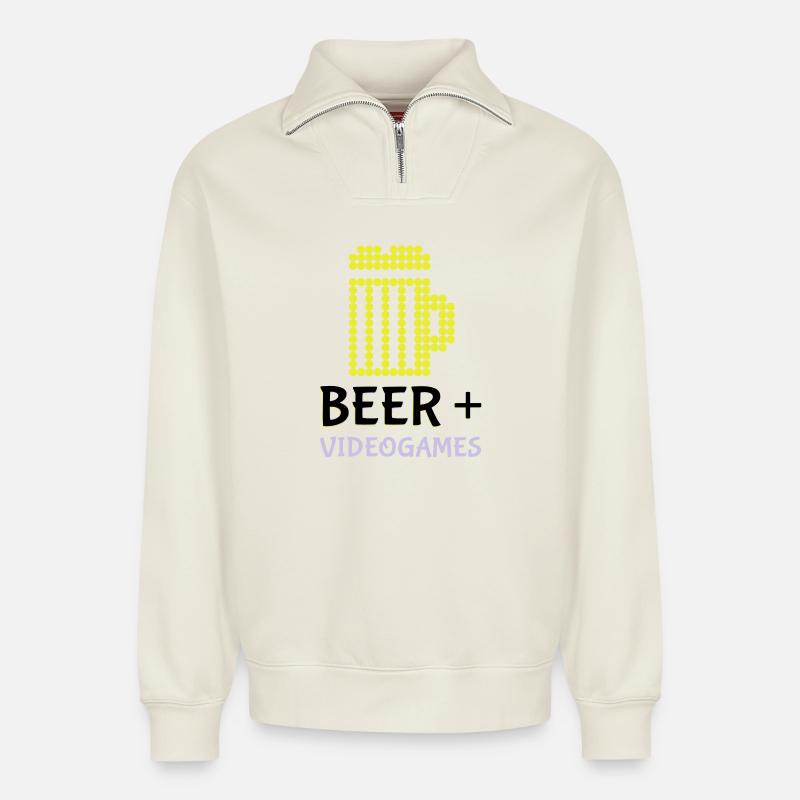 Jeux vidéo Pixel Beer - Sweat unisexe décontracté en coton biologique à demi-zip – de SPREAD - blanc cassé