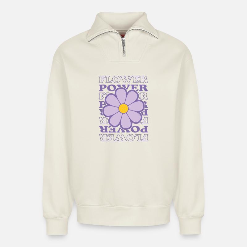 Flower-Power - Relaxed Unisex Organic Half Zip Sweatshirt – von SPREAD - Naturweiß