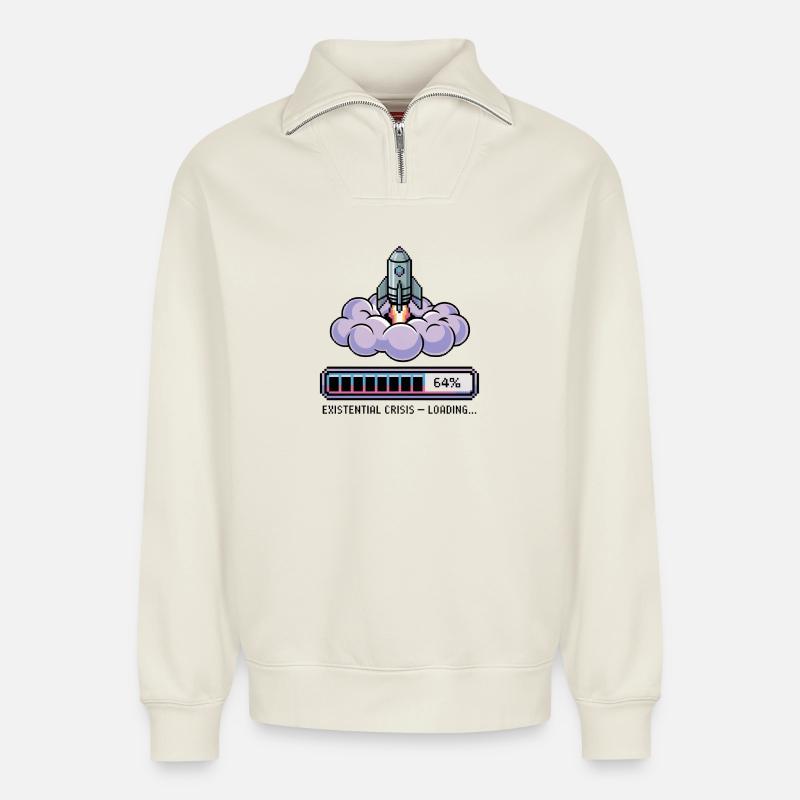 Digital Retro – Existential Crisis – Loading... - Relaxed Unisex Organic Half Zip Sweatshirt – von SPREAD - Naturweiß