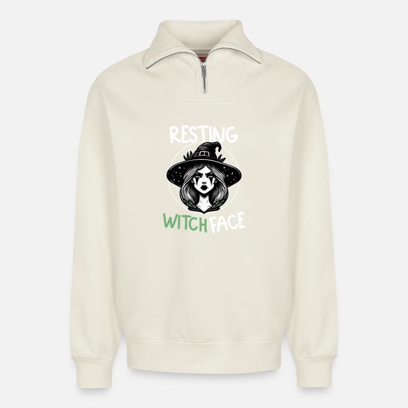 Hexengesicht in Ruhe Illustration - Relaxed Unisex Organic Half Zip Sweatshirt – von SPREAD - Naturweiß