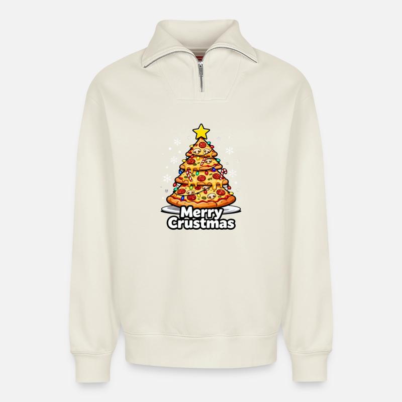 Pizza de Noël - Sweat unisexe décontracté en coton biologique à demi-zip – de SPREAD - blanc cassé