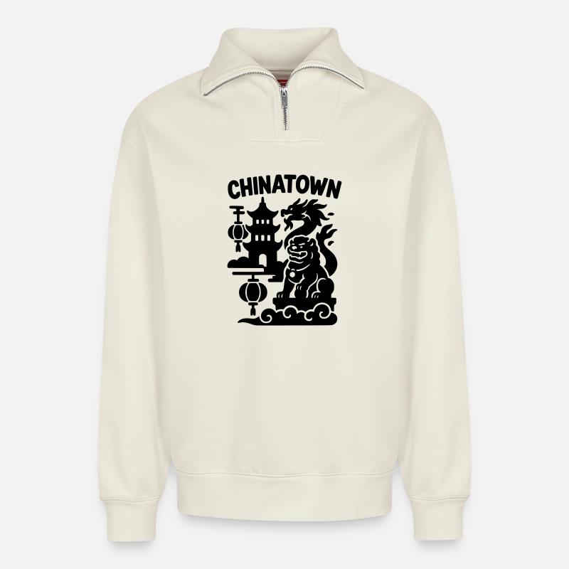 Quartier chinois - Sweat unisexe décontracté en coton biologique à demi-zip – de SPREAD - blanc cassé