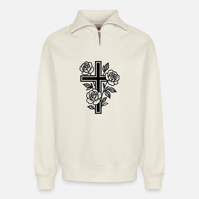 Fleurs à symbole de croix - Sweat unisexe décontracté en coton biologique à demi-zip – de SPREAD - blanc cassé