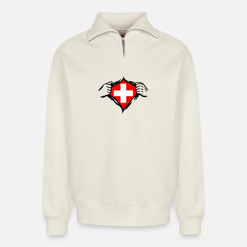 Drapeau suisse Drapeau drôle - Sweat unisexe décontracté en coton biologique à demi-zip – de SPREAD - blanc cassé