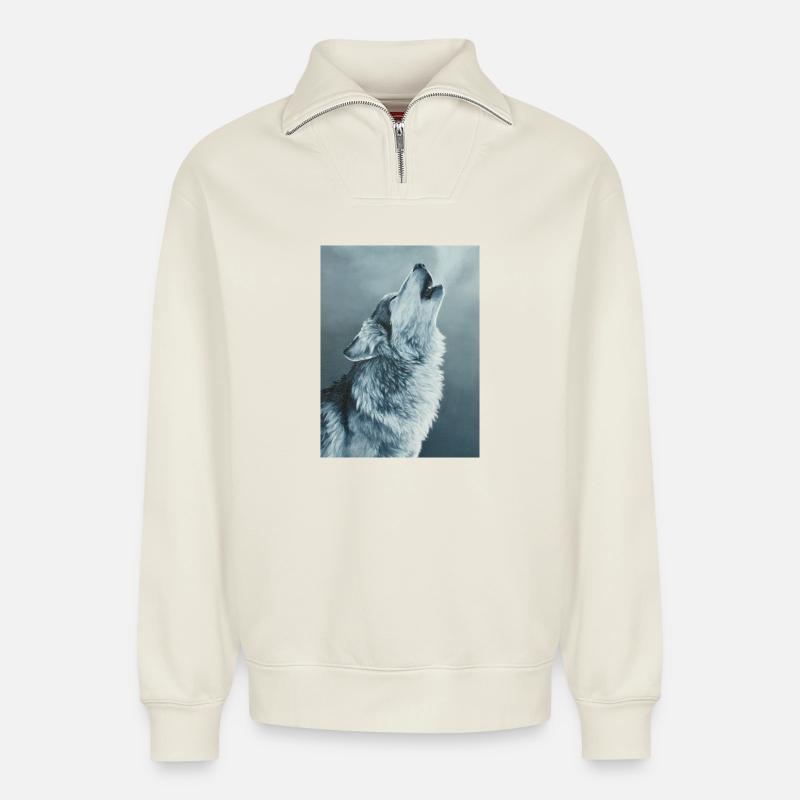 Loup gris - Sweat unisexe décontracté en coton biologique à demi-zip – de SPREAD - blanc cassé