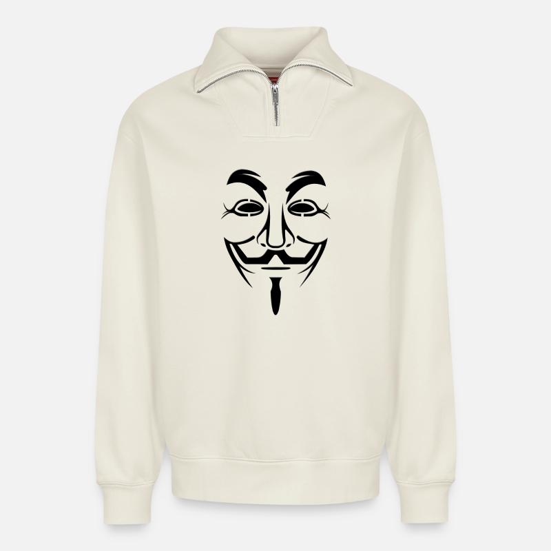 Anonymous mask - Relaxed Unisex Organic Half Zip Sweatshirt – by SPREAD - off white