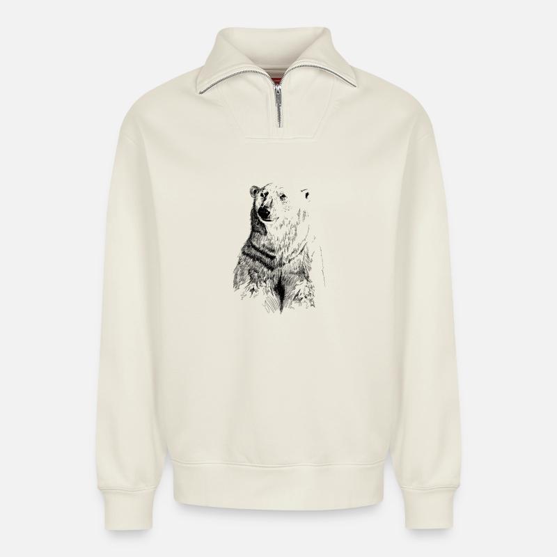 ours blanc - Sweat unisexe décontracté en coton biologique à demi-zip – de SPREAD - blanc cassé