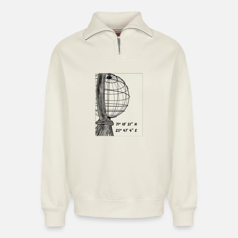 Die Weltkugel am Nordkap - Relaxed Unisex Organic Half Zip Sweatshirt – von SPREAD - Naturweiß