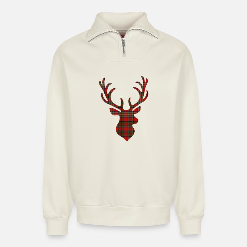 Rot-Tartan-Hirsch - Relaxed Unisex Organic Half Zip Sweatshirt – von SPREAD - Naturweiß