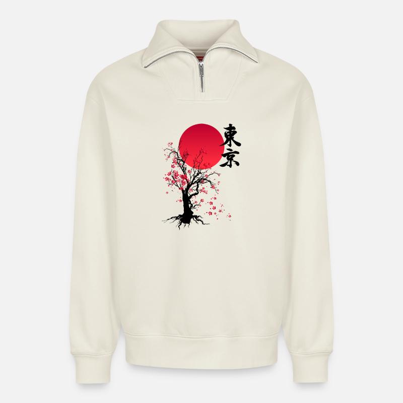 HERBST - KIRSCHBLÜTENHERBST - Relaxed Unisex Organic Half Zip Sweatshirt – von SPREAD - Naturweiß